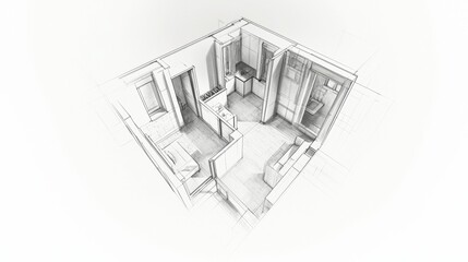 Detailed sketch of a small kitchen and living area in an urban apartment setting during daylight