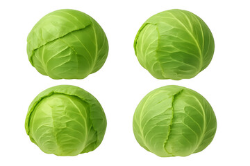 Fototapeta premium Four heads of green cabbage arranged in a grid. Each head has a slightly different angle and leaf arrangement. Concept Green Cabbage Display, Varied Leaf Textures, Unique Angles, Grid Arrangement