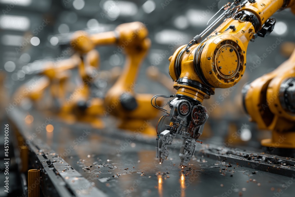 Poster industrial robots on a factory assembly line, manufacturing process using robotic arms with yellow m