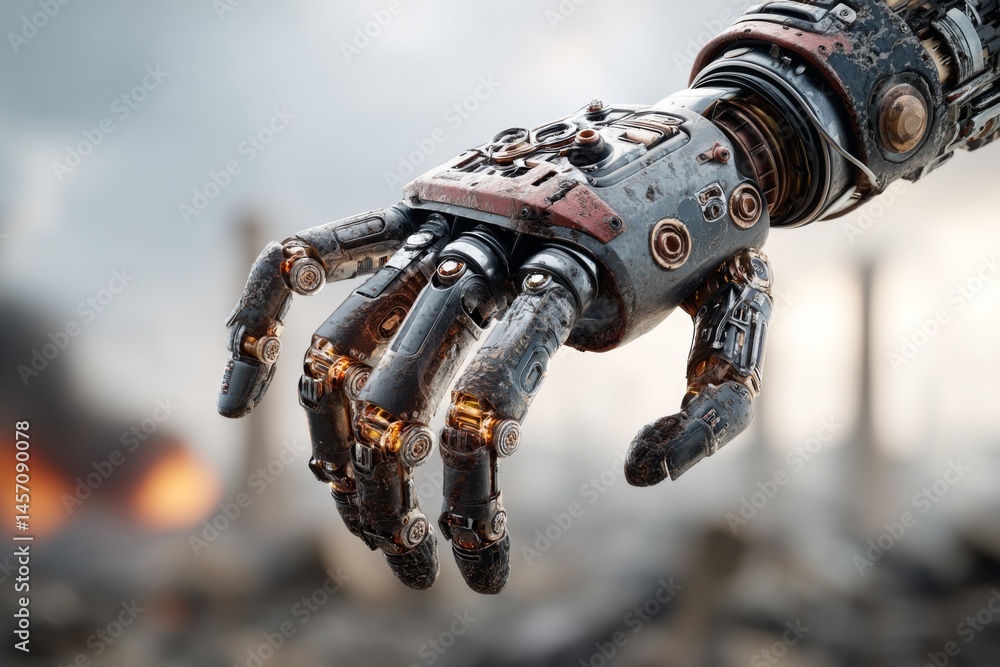 Poster close-up mechanical hand exhibiting detailed robotics and weathered metallic components over a blurr