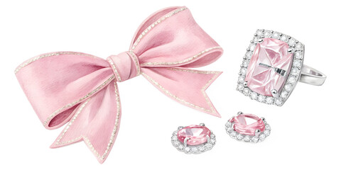 Watercolor Pink diamond accessory bow isolated on transparent background