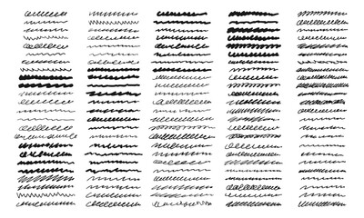 Naklejka premium One hundred twenty wavy lines and random zigzags of various shapes and thicknesses. Doodles and squiggles. Vector set