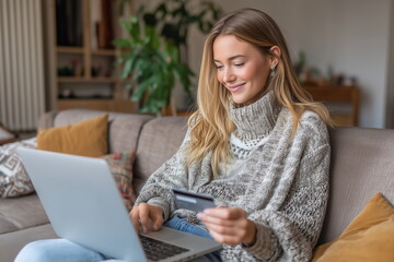 A young White woman sitting on the sofa at home in a living room with a laptop on the lap and holding a credit card. Online shopping, payment, purchase, buy. E-commerce.