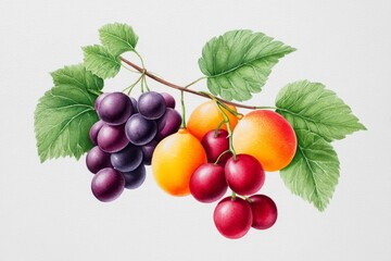 Summer Fruit Abundance - A watercolor painting of a branch laden with ripe grapes, apricots, and cherries. Vibrant colors and detailed textures