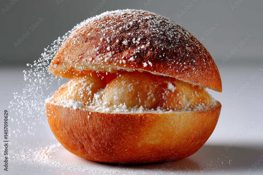 Poster simple bread roll with powdered sugar details highlighting texture and warmth. soft lighting enhance