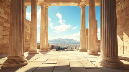 Fototapeta premium Ancient columns, sunlight, city view
