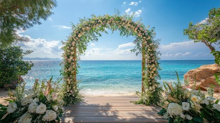Scenic beach wedding arch with floral decorations by crystal blue sea
