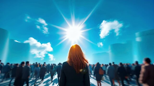 Redhead woman standing alone amid blurred moving crowd. Individual solitude in busy urban environment. Isolation and disconnection concept with still figure surrounded by anonymous motion. Social