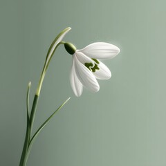 Fototapeta premium Elegant Snowdrop Flower on Sage Green Background, Minimalist Botanical Illustration