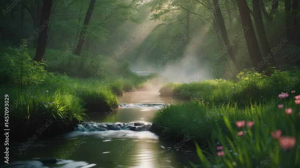 Poster tranquil river flowing through a lush green forest with soft sunlight filtering through leaves, crea