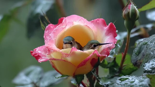 Two hummingbirds resting within a dew-kissed blossom