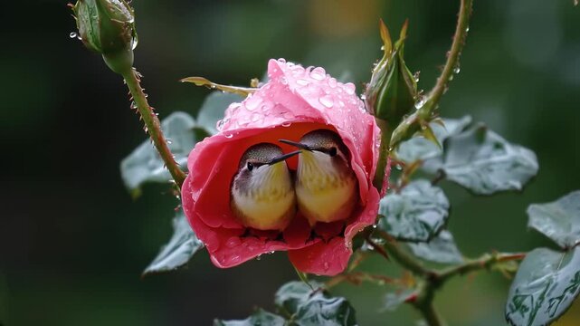 Hummingbirds seeking shelter within a rain-bathed blossom