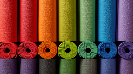 A vibrant display of colorful exercise mats rolled and stacked, creating a striking, textured pattern.