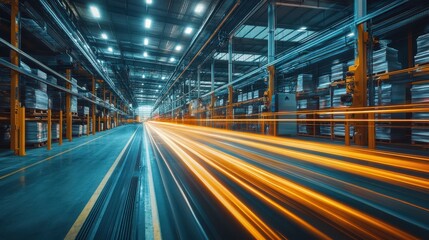 Fototapeta premium Dynamic light trails in modern industrial warehouse with advanced logistics and storage
