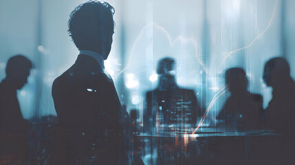 Strategic outlook of executive team meeting with city skyline and analytical data overlayed within a conference room