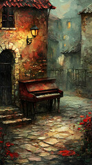 Piano on cobblestone street, old European town, evening mist, romantic ambiance; postcard, website