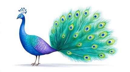 Fototapeta premium Vibrant Peacock Watercolor Illustration - A majestic peacock, symbolising beauty, pride, , transformation, and spirituality