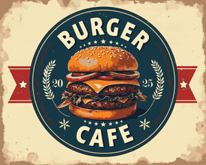 This design features a classic burger cafe logo, highlighting an appetizing cheeseburger topped with lettuce, tomato, and cheese. The retro aesthetic includes decorative elements and typography.
