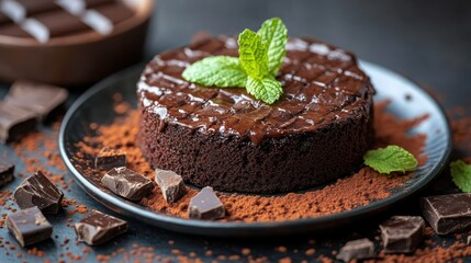 Decadent chocolate cake topped with mint