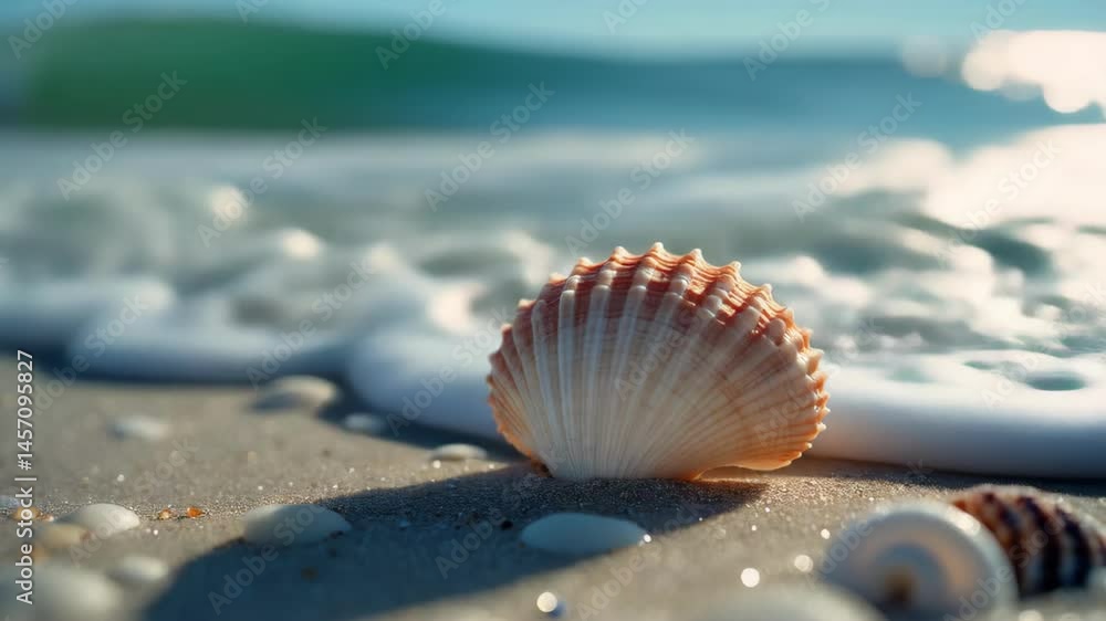 Poster close-up view of a beautifully patterned seashell resting on sandy beach with blurred ocean waves in