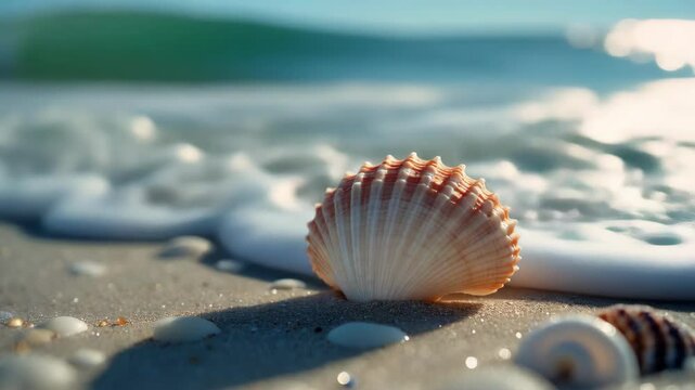 Close-up view of a beautifully patterned seashell resting on sandy beach with blurred ocean waves in the background, capturing a serene coastal