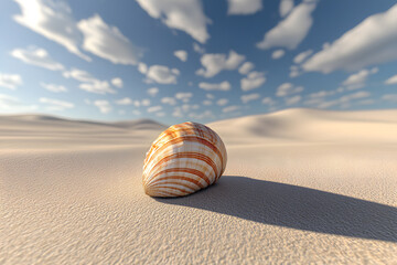 Obraz premium Seashell rests on sandy dune under a bright blue sky with fluffy clouds during midday