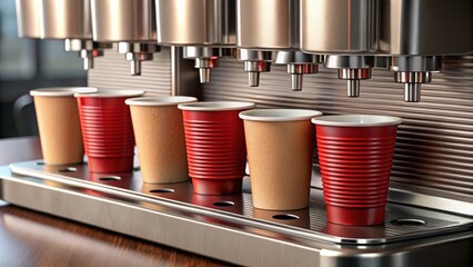 A modern beverage dispensing machine prepares various cups of hot drink in a sleek, efficient process
