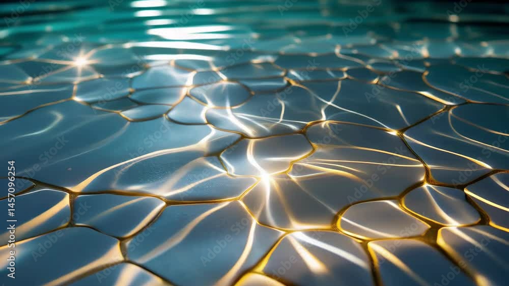 Poster close-up view of shimmering water surface with intricate patterns of light reflecting in cool tones