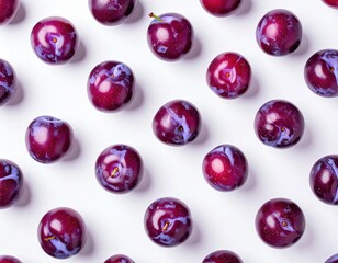 Composition of plums from top view on a white background. Natural food, eco-friendly food.
