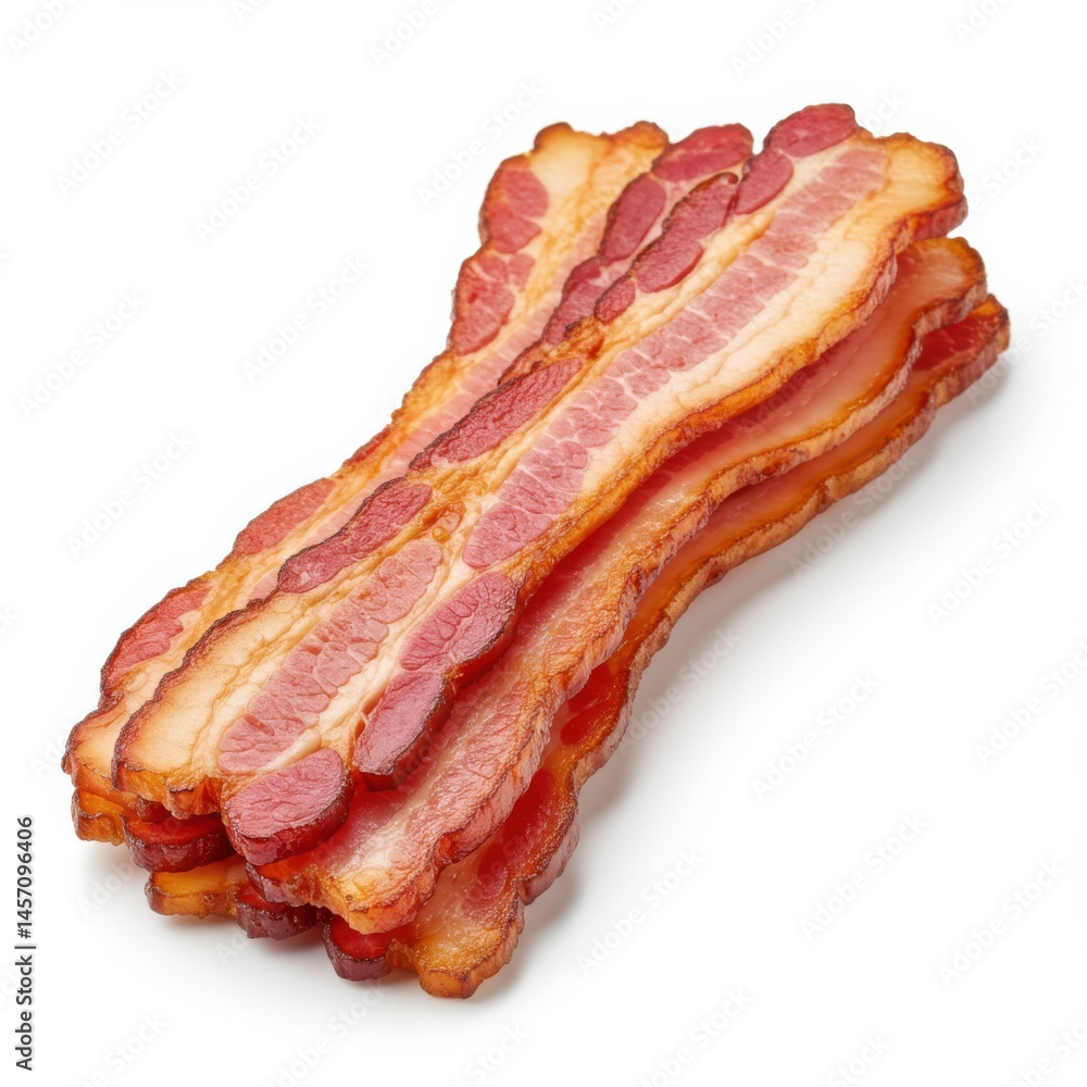 Poster close up shot showing a stack of crispy cooked bacon strips on a plain white surface background view