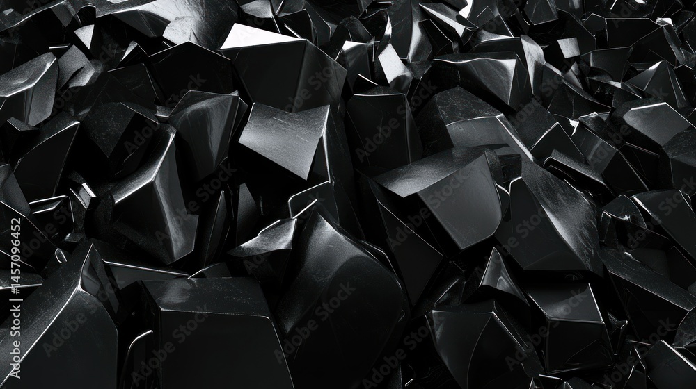 Poster shiny black faceted geometric shapes are randomly clustered together