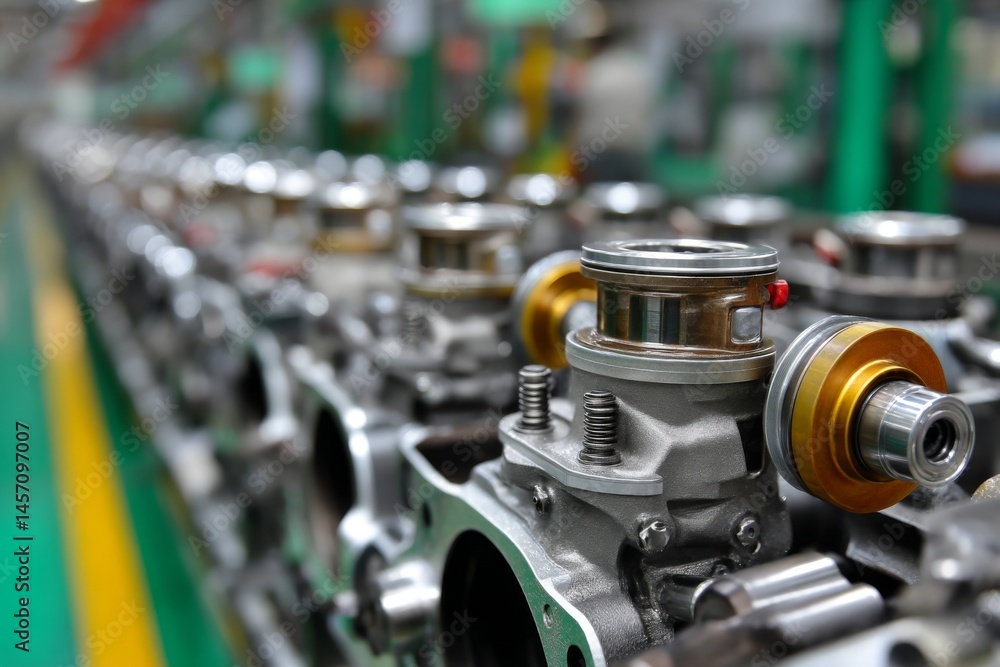 Poster engine block assembly line featuring precision-engineered automotive components in a manufacturing p