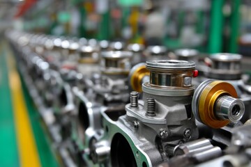 Engine block assembly line featuring precision-engineered automotive components in a manufacturing plant environment