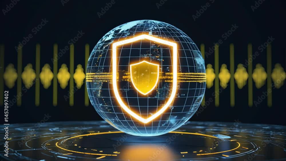 Poster a digital representation of cybersecurity featuring a glowing shield over a holographic globe with s