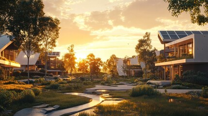 Obraz premium Sustainable community at sunset. Lush green landscapes, modern homes, solar panels