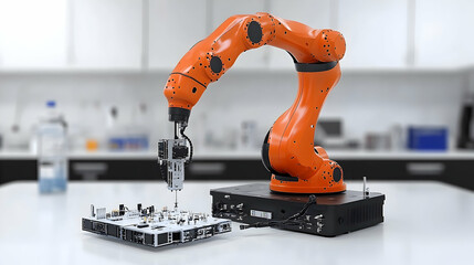 Orange robotic arm assembling circuit board