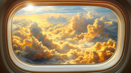 Naklejka premium Golden Cloudscape Viewed from Airplane Window at Sunset