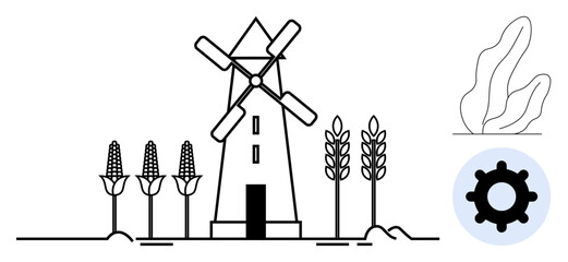 Windmill surrounded by crops, gear symbol, abstract leaf design. Ideal for agriculture, technology, sustainability, energy, rural development, eco-friendly practices simple landing page
