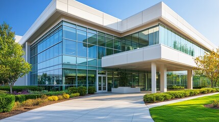Modern clinic medical office building clean facade neutral tones large glass windows bright and welcoming professional design. 