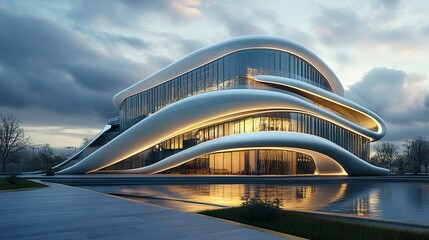 Obraz premium Modern commercial building powered by hydrogen fuel cell sleek design golden energy lines accenting glass facade clean urban setting. 