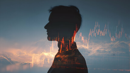 Human profile overlaid with financial chart and sky creating an evocative concept of market analysis