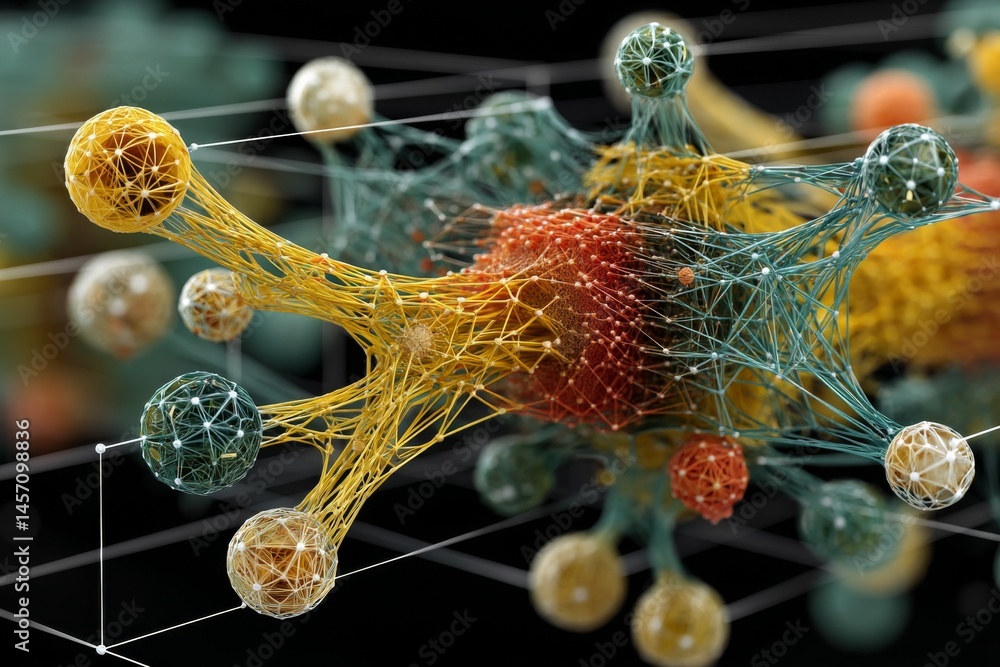 Poster interconnected spheres abstract network showing complex relationships and communication, data visual