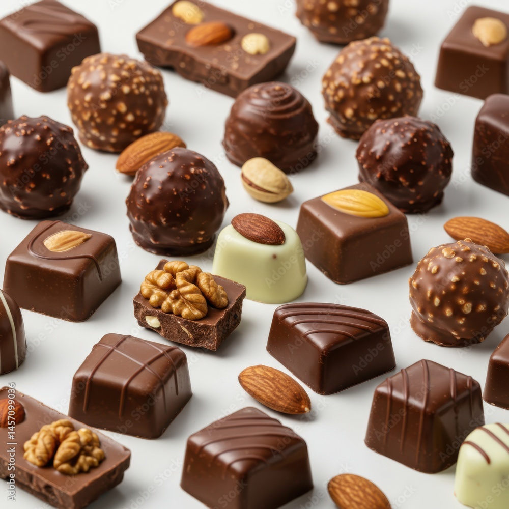 Poster an assortment of chocolates with nuts displayed on a white surface in a studio setting overhead shot