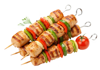 Grilled chicken skewers with peppers and onions on a black background