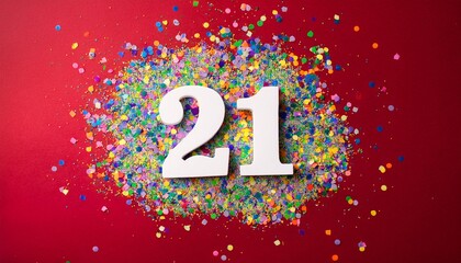 Number 21 with confetti. Photo for twenty-first birthday or anniversary party