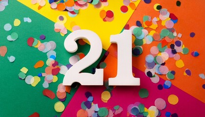 Number 21 with confetti. Photo for twenty-first birthday or anniversary party