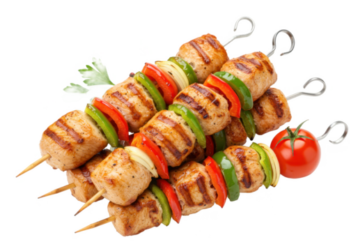 Grilled chicken skewers with peppers and onions on a black background