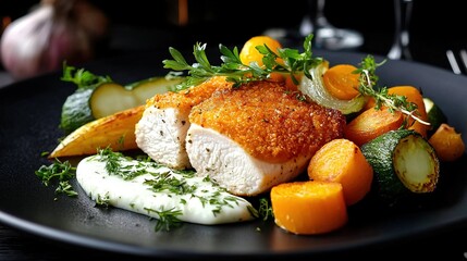 Roasted chicken breast with vegetables and creamy sauce.