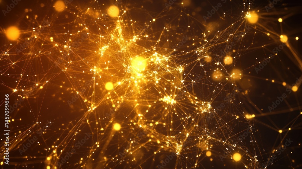 Poster abstract glowing network of interconnected lines and dots in gold