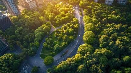 Urban park with a road winding through lush greenery.  Sunlight highlights the vibrant trees and green spaces